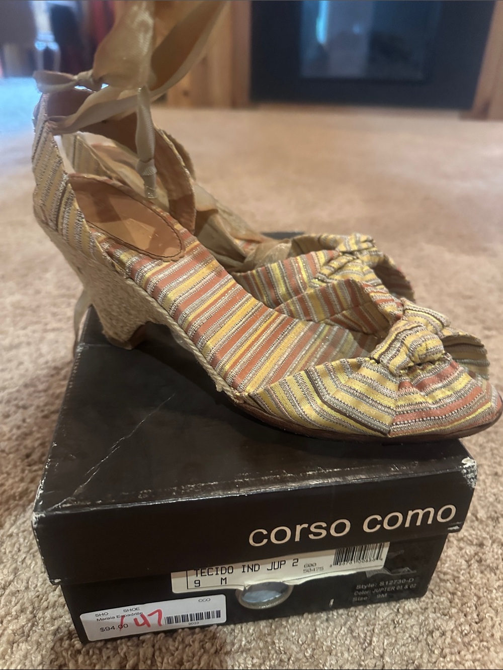 Corso Como Yellow Multi-Stripe Peep-Toe Wedge Sandals with Ankle Tie